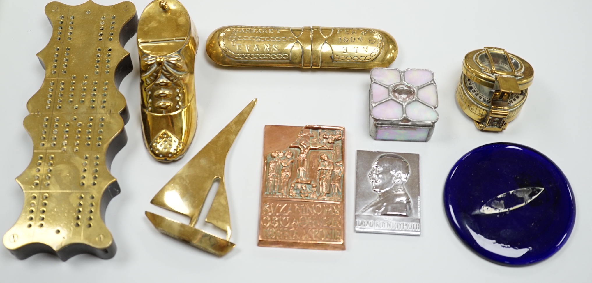 A group of assorted brass and other collectables, including a Welsh brass spectacle case inscribed Margaret Evans, Ferndale 1804